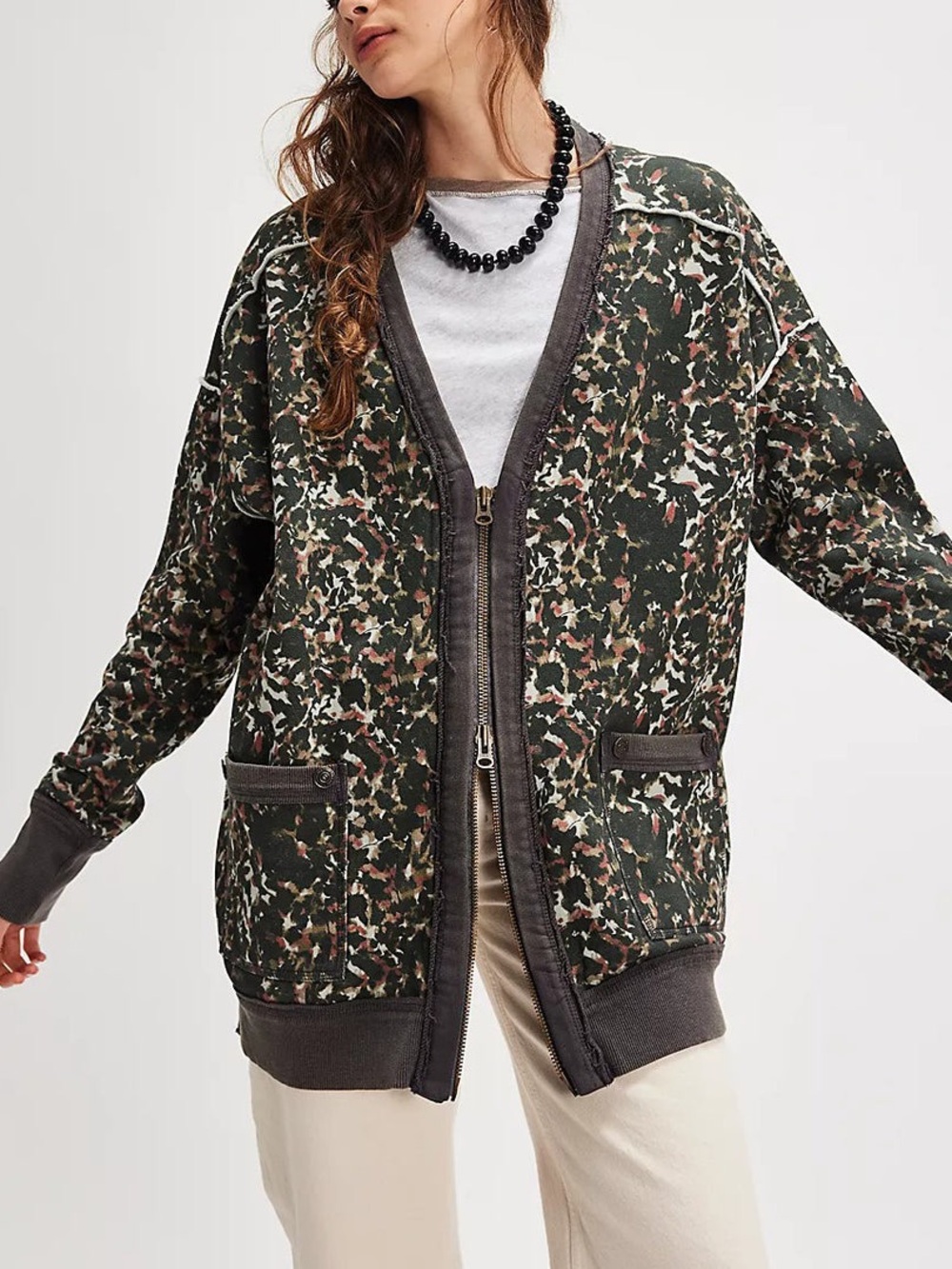NWOT Free People x We The Free Green Multi Camouflage Zip Cardigan Jacket